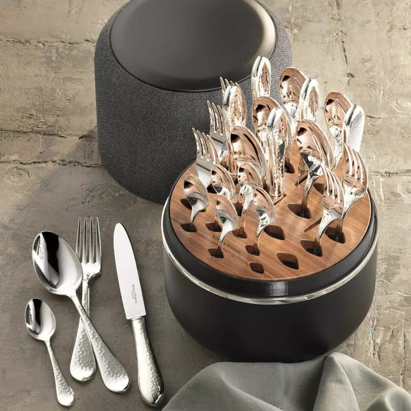 Martelé silver-plated cutlery set in black box top view.