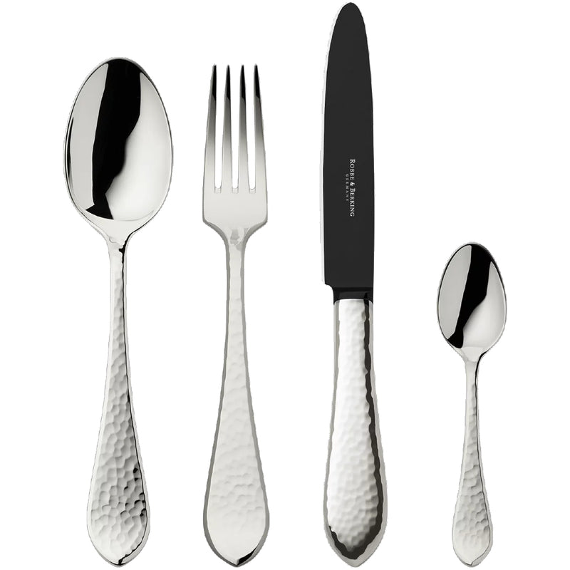 Martelé polished silver-plated cutlery with hammered texture.