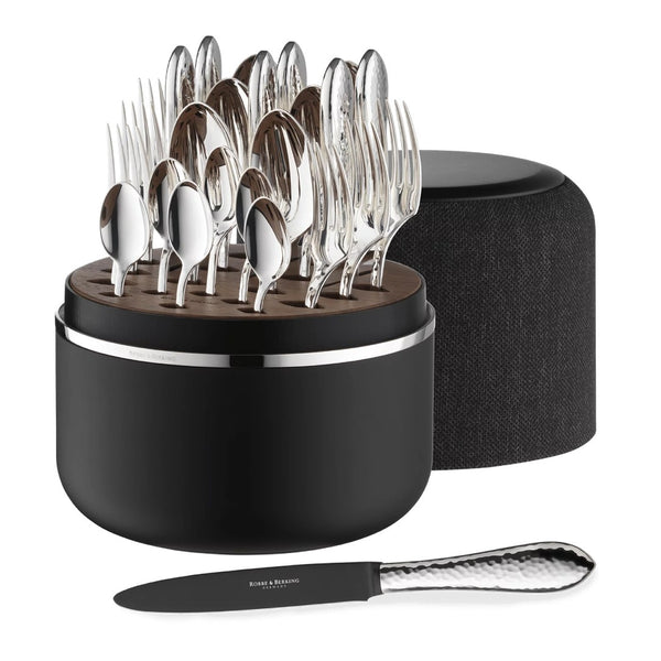 Martelé Frozen Black Edition cutlery box showing polished silver-plated cutlery and frozen black knife blade. 