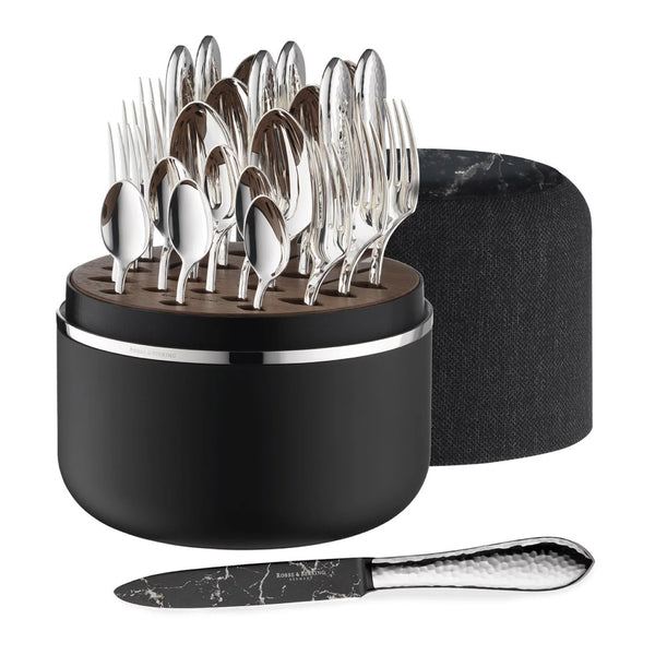 Martelé cutlery set with marble-finish DLC knives in marble box by Robbe & Berking.
