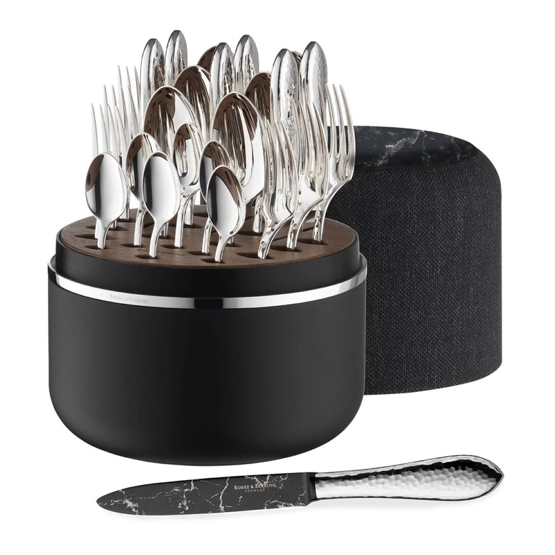 Martelé cutlery set with marble-finish DLC knives in marble box by Robbe & Berking.