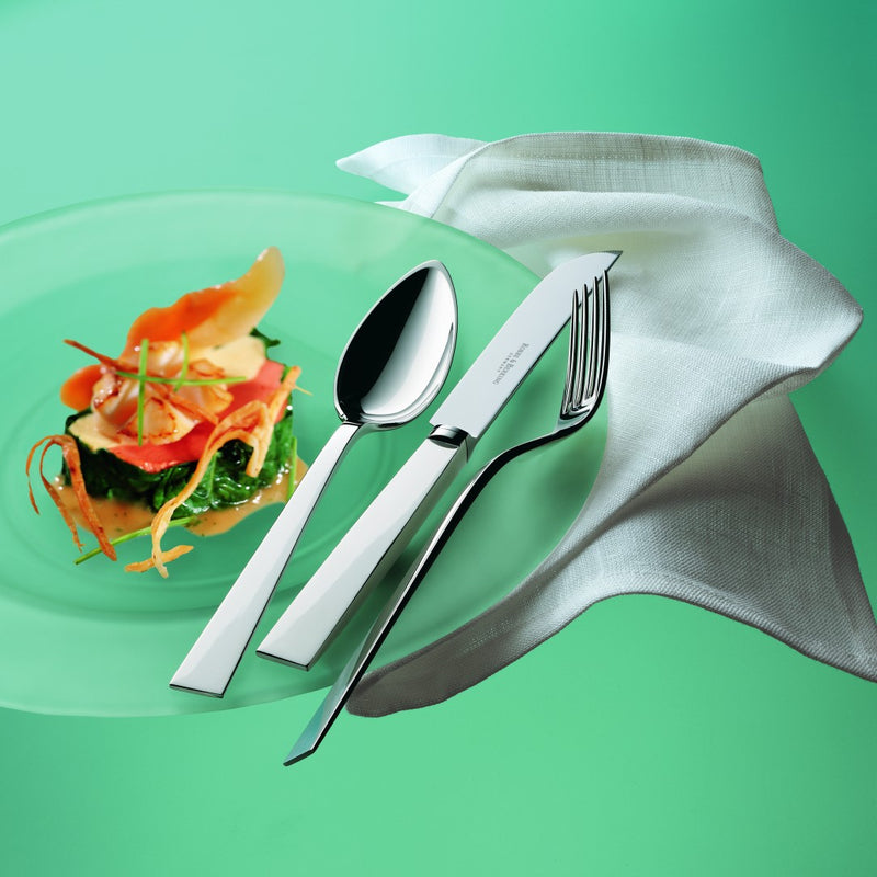 Riva menu spoon silver-plated with squared handle with fork and spoon on luxury table setting.