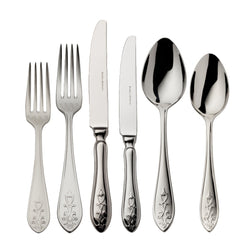 Jardin 36-piece cutlery set by Robbe & Berking in stainless steel with lily-shaped handles and floral motifs for 6 guests.