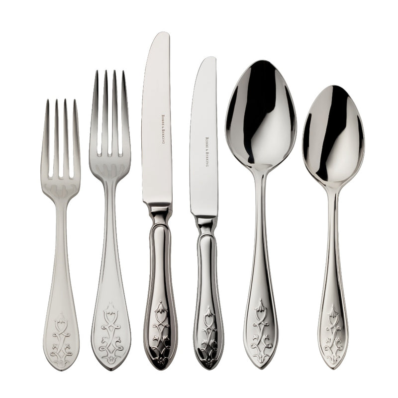 Jardin 36-piece cutlery set by Robbe & Berking in stainless steel with lily-shaped handles and floral motifs for 6 guests.