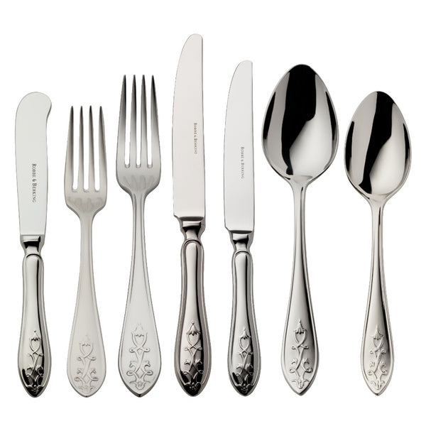 Jardin 84-piece cutlery set by Robbe & Berking in stainless steel with floral lily-shaped handles, service for 12 guests.