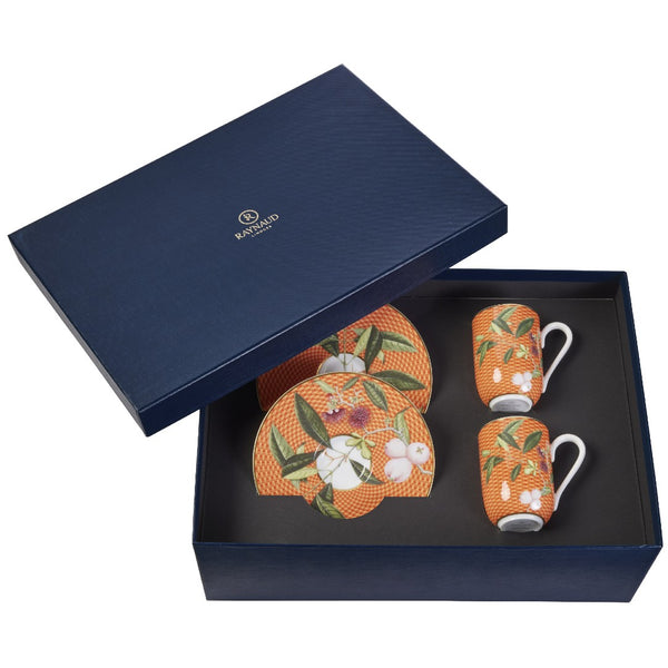 Set of 2 Espresso Cups and Saucers Trésor Fleuri Orange in a Gift Box