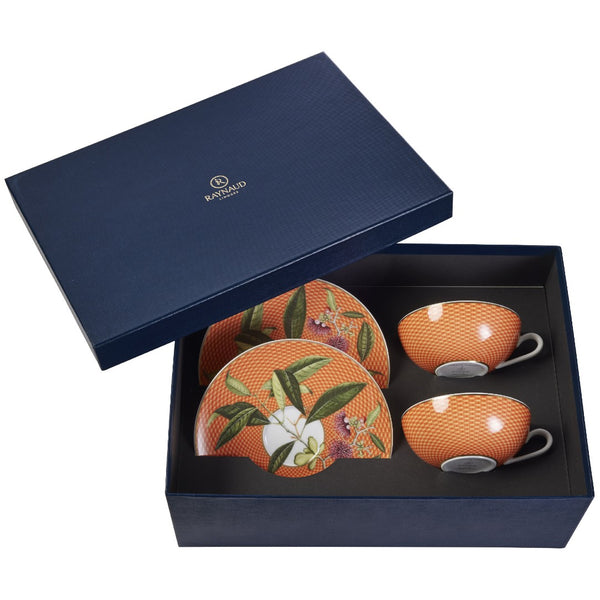 Set of 2 Tea Cups and Saucers Trésor Fleuri Orange in a Gift Box