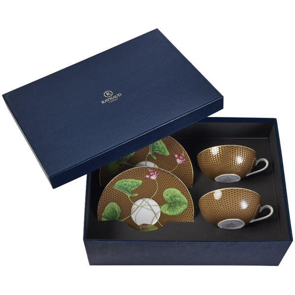 Set of 2 Tea Cups and Saucers Trésor Fleuri Marron in a Gift Box