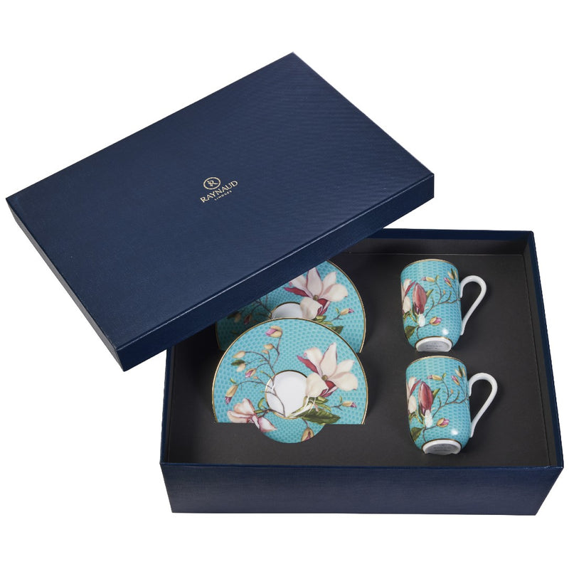 Set of 2 Espresso Cups and Saucers Trésor Fleuri Turquoise in a Gift Box