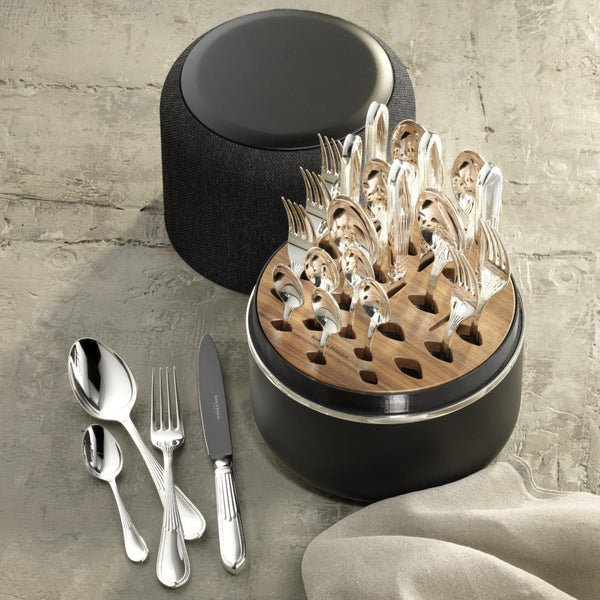 Robbe & Berking Belvedere cutlery box in black with 24 silver plated flatware pieces, luxury dining set.