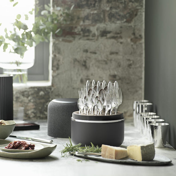 Belvedere silver plated cutlery set by Robbe & Berking in black storage box on luxury table.
