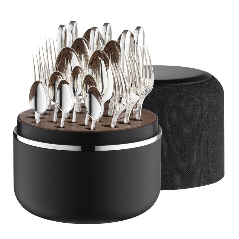 The Box in Black with Belvedere cutlery, Robbe & Berking open showing silver plated spoons, forks, and knives.