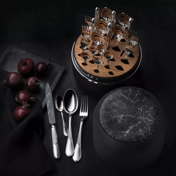 Belvedere cutlery box in marble by Robbe & Berking with 24 silver plated handcrafted flatware pieces.