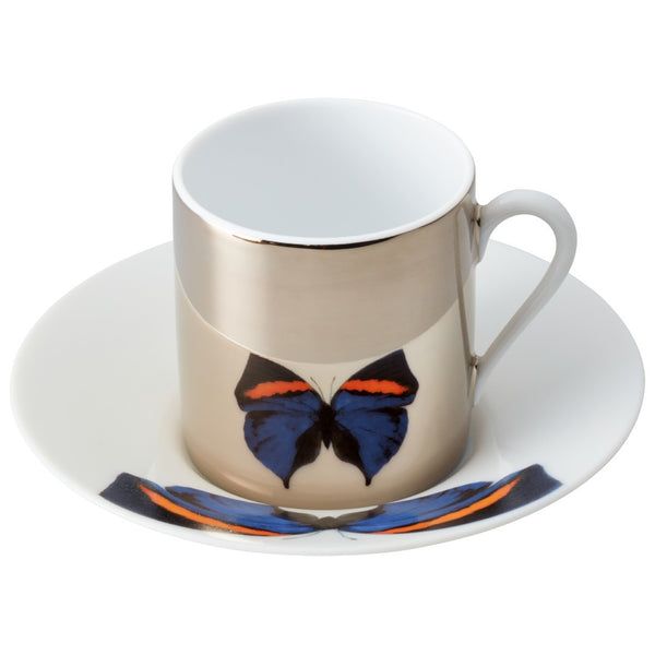 Set of 2 Espresso Cups Platinum Mirror and Saucers Blue Butterfly in a Gift Box