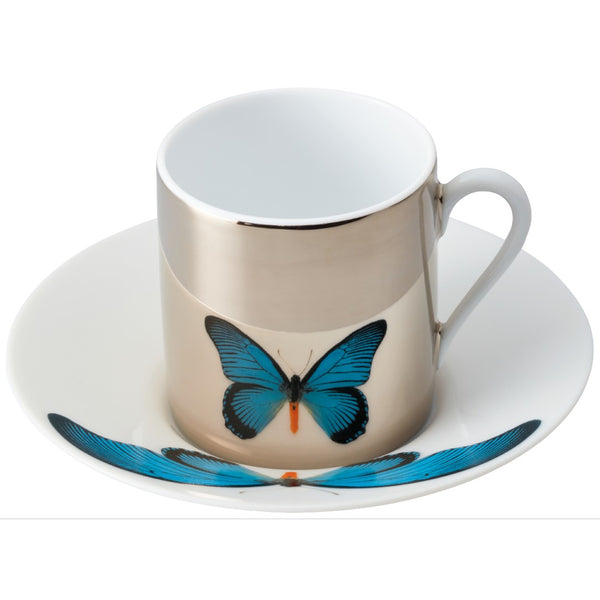 Set of 2 Espresso Cups Platinum Mirror and Saucers Turquoise Butterfly in a Gift Box