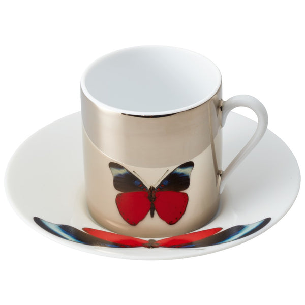 Set of 2 Espresso Cups Platinum Mirror and Saucers Red Butterfly in a Gift Box