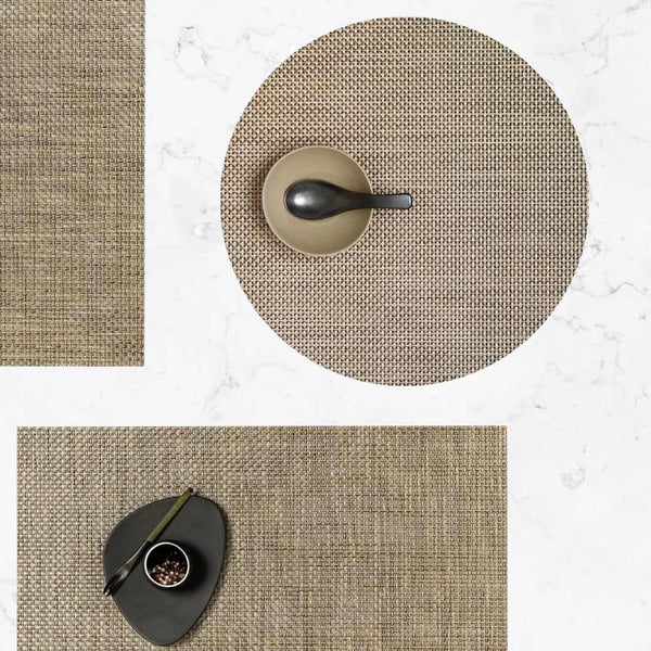 Chilewich round latte placemat with basketweave pattern with matching rectangular version.