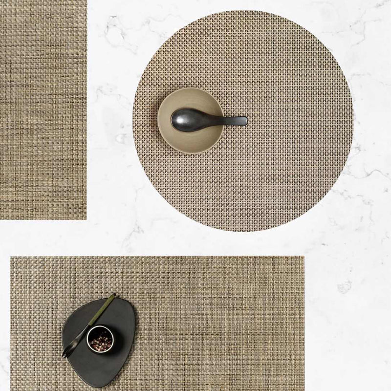 Chilewich round latte placemat with basketweave pattern with matching rectangular version.
