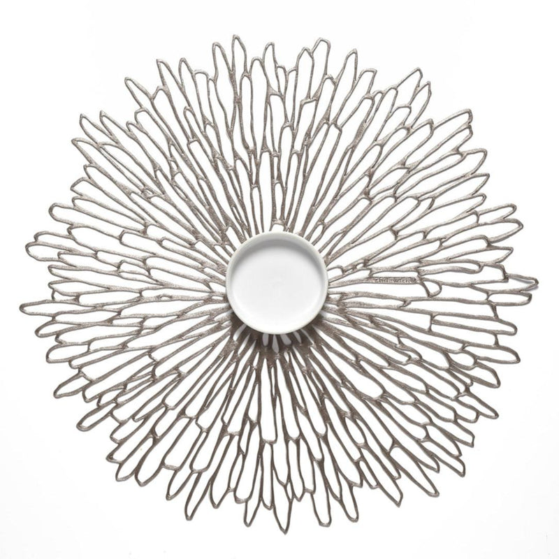 Gunmetal grey Bloom round vinyl placemat by Chilewich.