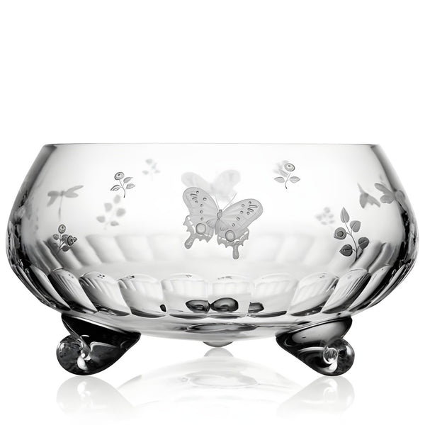Luxury Footed Bowl 33cm in Clear Crystal with Butterfly and Leaf Engraving – Springtime by Varga Crystal