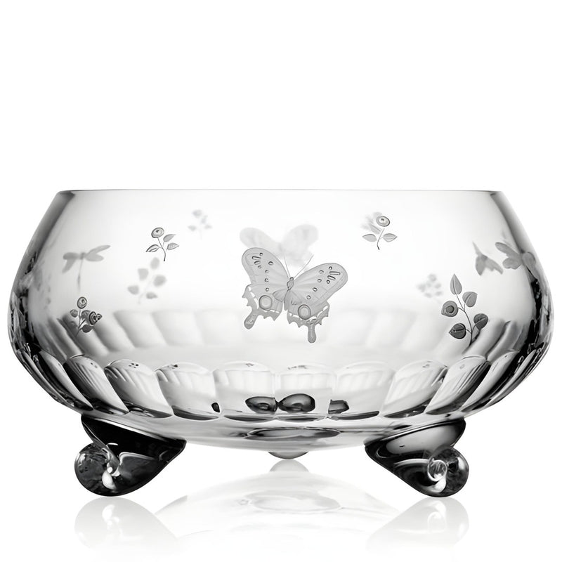 Luxury Footed Bowl 33cm in Clear Crystal with Butterfly and Leaf Engraving – Springtime by Varga Crystal