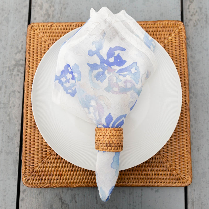 Summer table setting in beige and white with Round Rattan Napkin Ring 