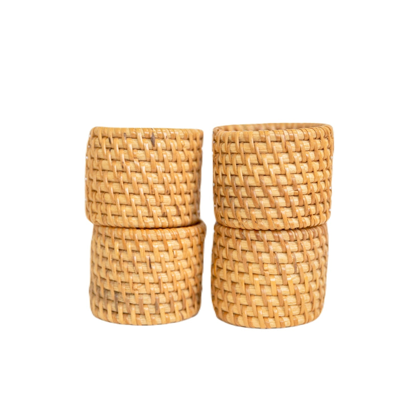 Round Handwoven Rattan Napkin Ring in brown on white background