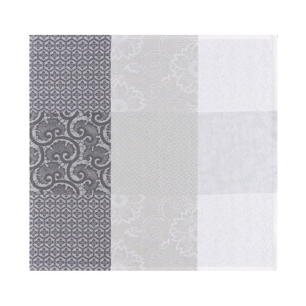 Unwraped Fleurs de Kyoto linen napkin in mist grey by Le Jacquard Français, sold at Amiramour.