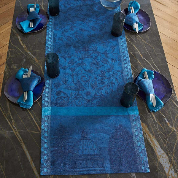 Styled Symphonie Baroque blue linen napkin by Le Jaquard Francais with runner from the same collection.