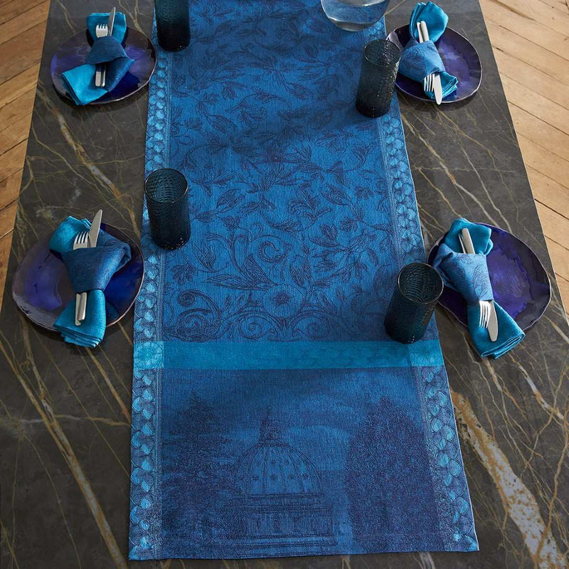 Styled Symphonie Baroque blue linen napkin by Le Jaquard Francais with runner from the same collection.