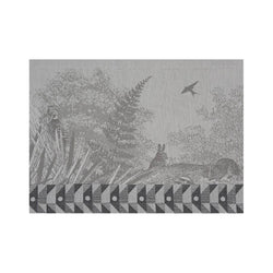 Grey cotton placemat with forest motifs and geometric border by Le Jauard Francais.