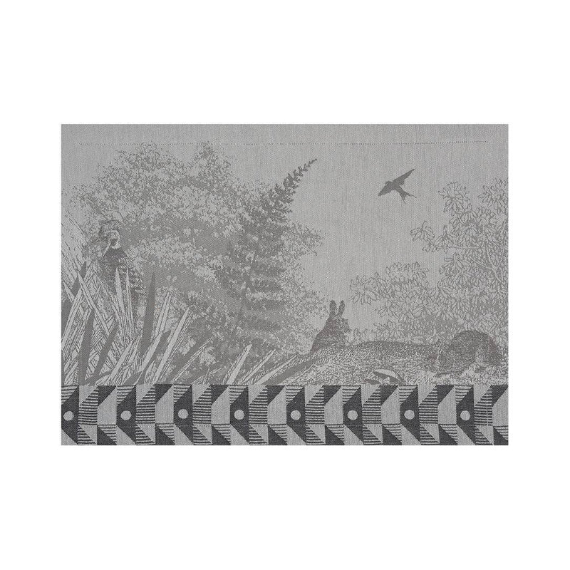 Grey cotton placemat with forest motifs and geometric border by Le Jauard Francais.