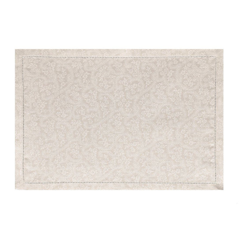 Beige linen placemat with tonal floral jacquard weave by Le Jaquard Francais.