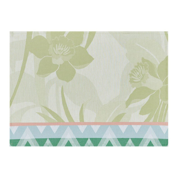 Green coated cotton placemat with jacquard daffodil and chevron design by Le Jaquard Francais.