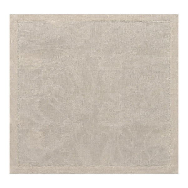 Tivoli linen napkin in beige with mitred corners and laddered hems, displayed unwraped on white background.