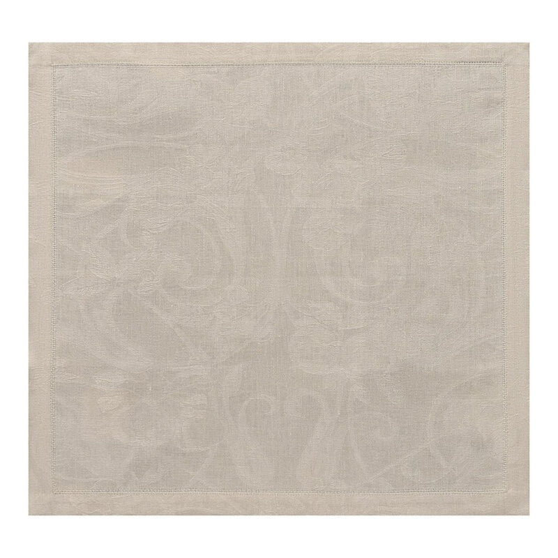 Tivoli linen napkin in beige with mitred corners and laddered hems, displayed unwraped on white background.