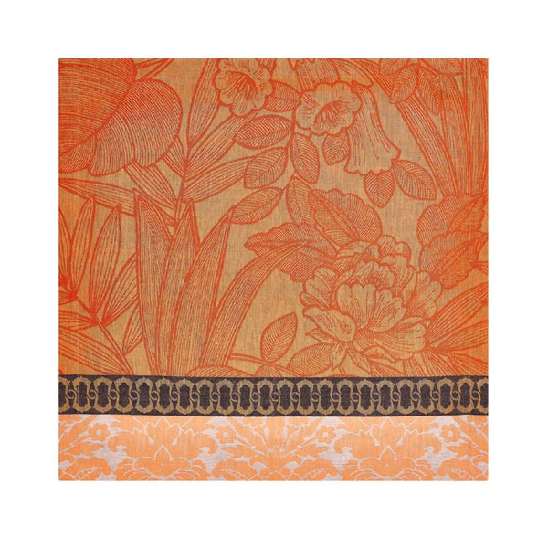 Escapade Tropicale Linen Napkin in Orange unwrapped on white background.
