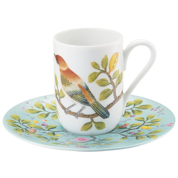 espresso cup and saucer in white and turquoise with floral and birds design