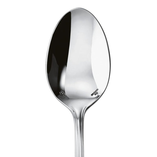Contour table spoon by Sambonet in stainless steel with deep oval bowl and polished handle, close-up.