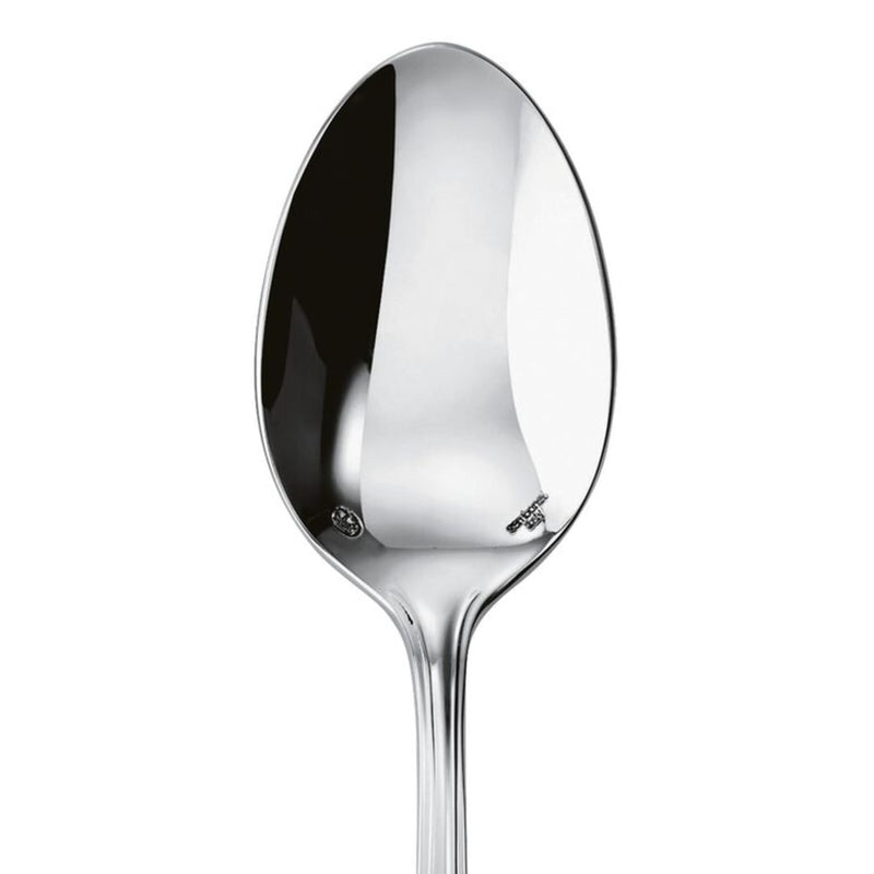 Contour table spoon by Sambonet in stainless steel with deep oval bowl and polished handle, close-up.