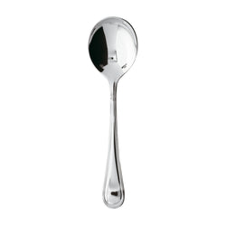 Contour gourmet spoon by Sambonet in stainless steel with wide polished bowl.