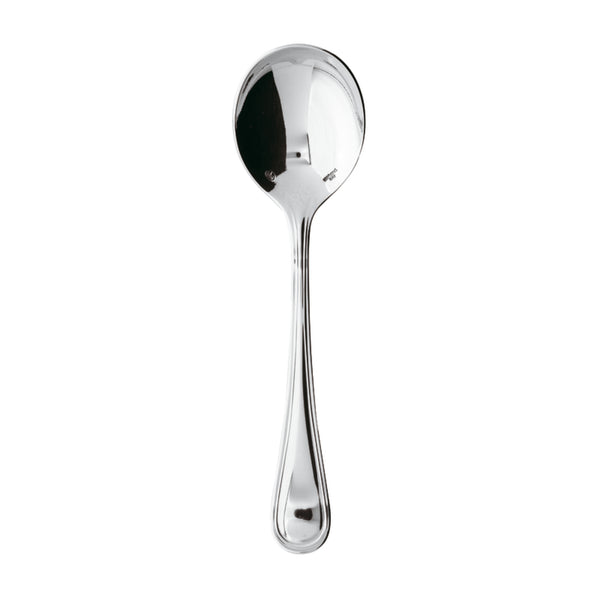 Contour gourmet spoon by Sambonet in stainless steel with wide polished bowl.