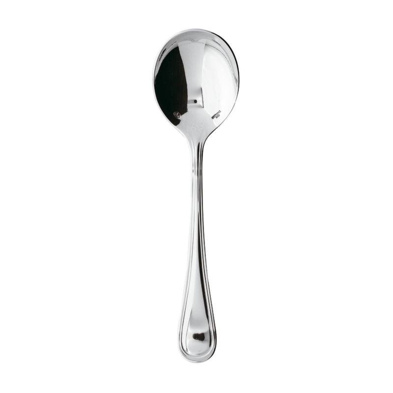 Contour gourmet spoon by Sambonet in stainless steel with wide polished bowl.