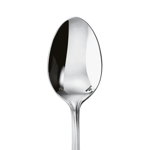  Sambonet contour dessert spoon in stainless steel with mirror finish, close-up.