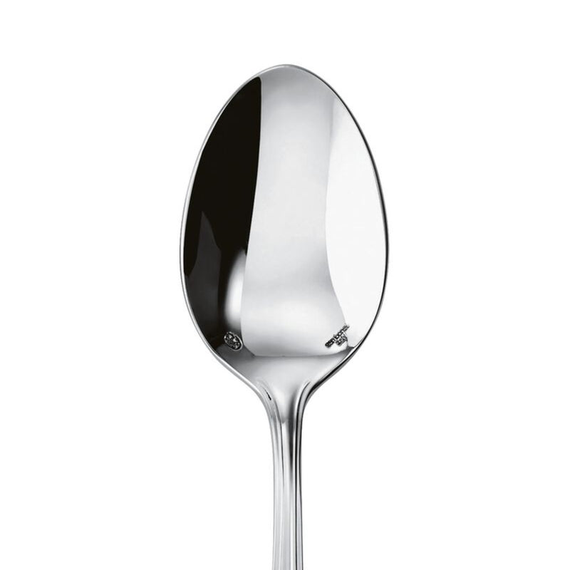  Sambonet contour dessert spoon in stainless steel with mirror finish, close-up.