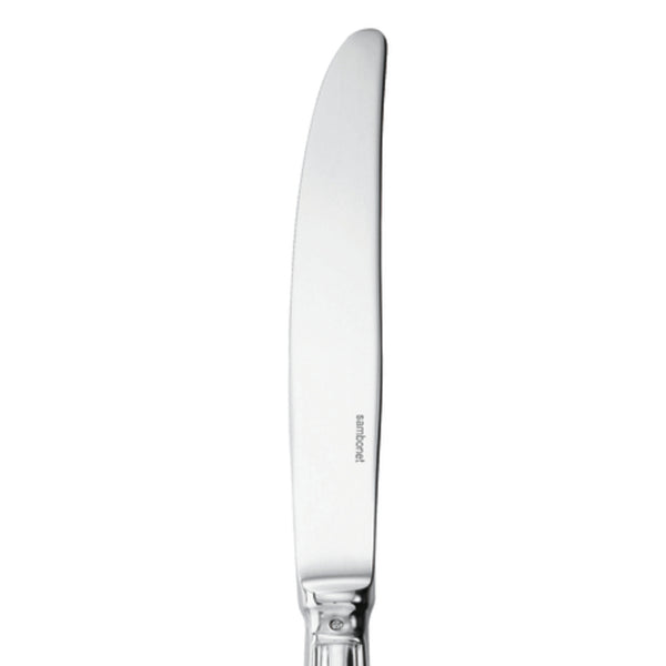 Contour dessert knife by Sambonet in stainless steel with polished mirror finish, close-up.