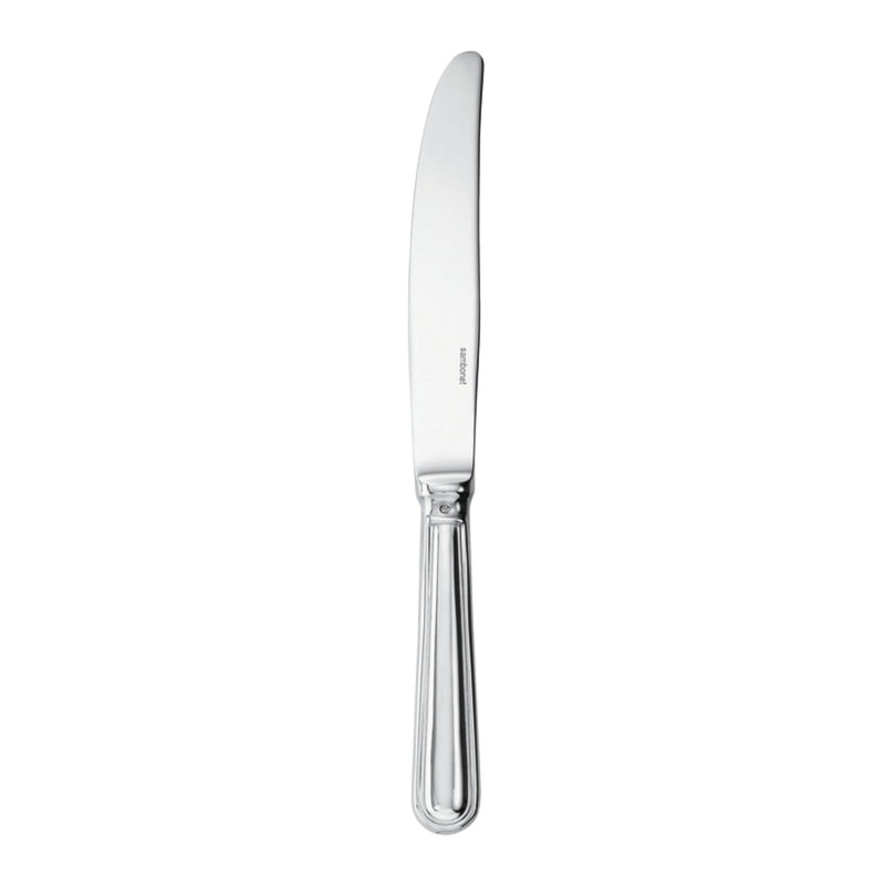 Contour dessert knife by Sambonet in stainless steel with polished mirror finish, refined design for serving cakes and pastries.