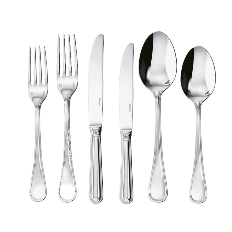 Contour 36-piece cutlery set by Sambonet in stainless steel with fluid lines, mirror finish, and refined modern profile for 6 guests.