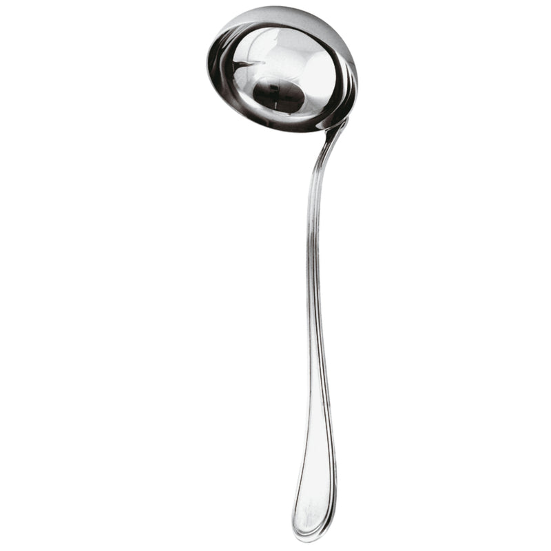 Contour ladle by Sambonet in stainless steel with mirror polish, elegant design for serving soups, stews, sauces.