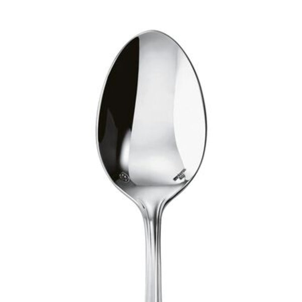 Contour serving spoon by Sambonet in stainless steel with wide rounded bowl, close-up.